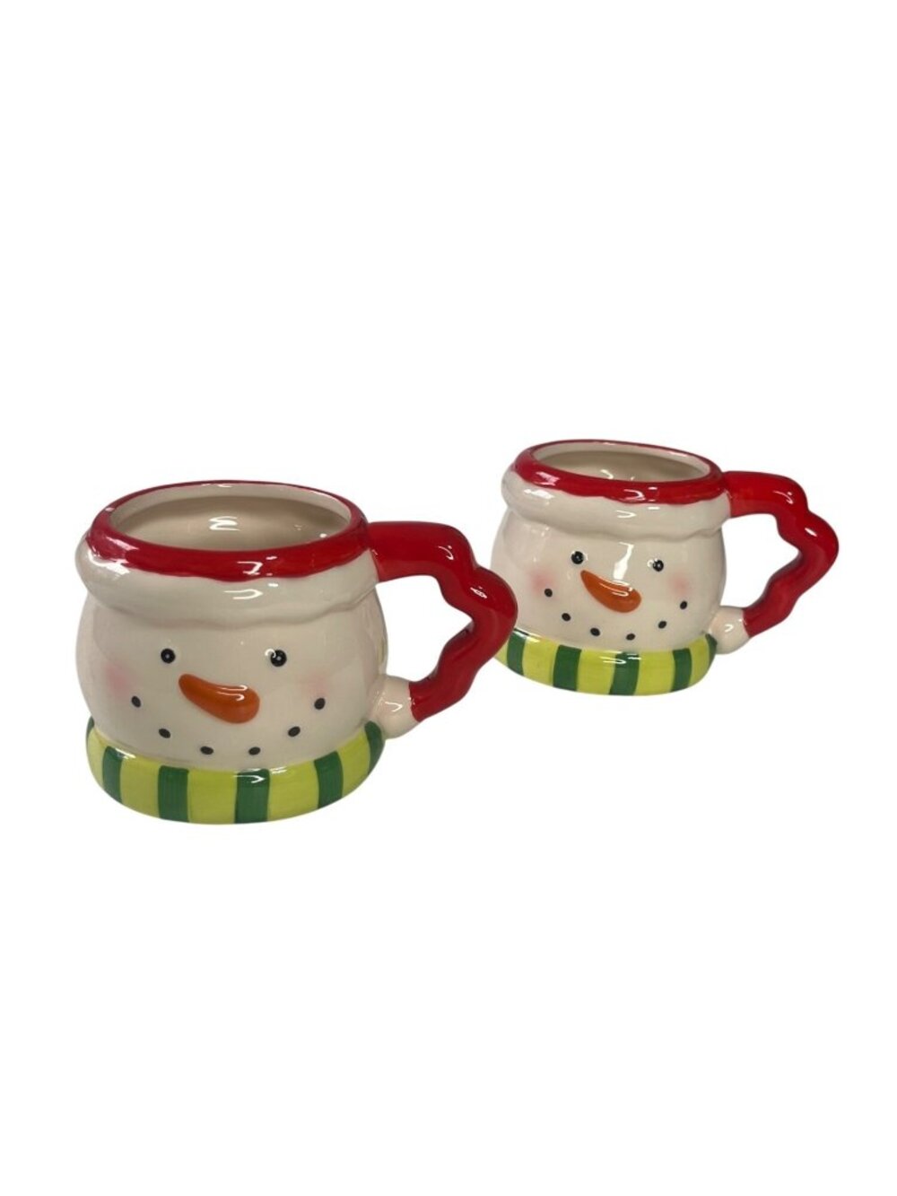 Set Of 2 Snowman Themed Ceramic Mugs Red Green Holiday Decor